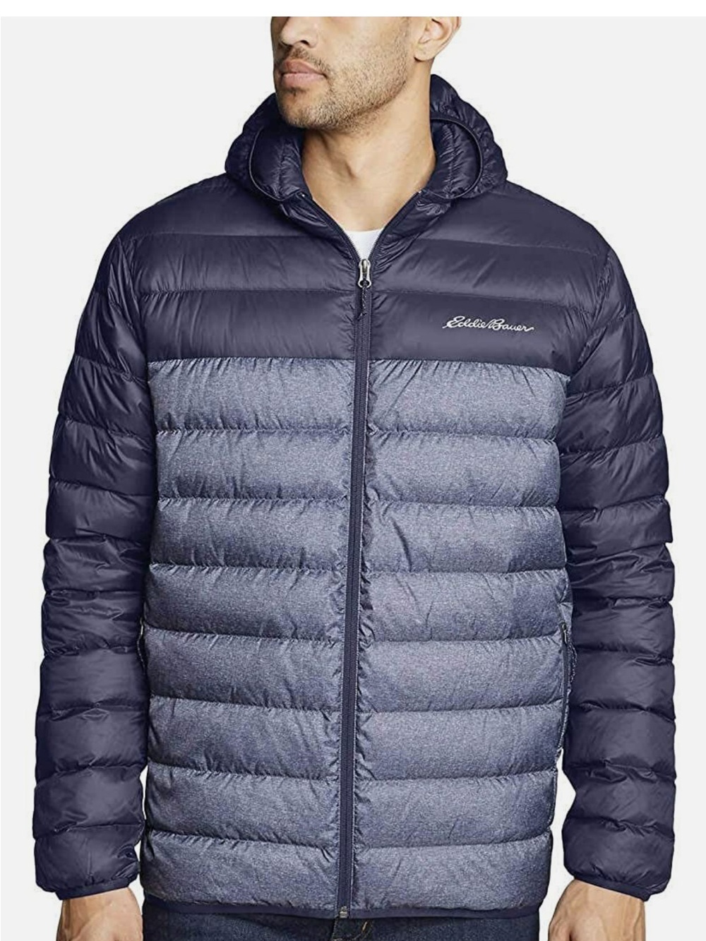 Eddie Bauer Men's CirrusLite Hooded Down Puffer Jacket Two Tone Blue Grey Size S